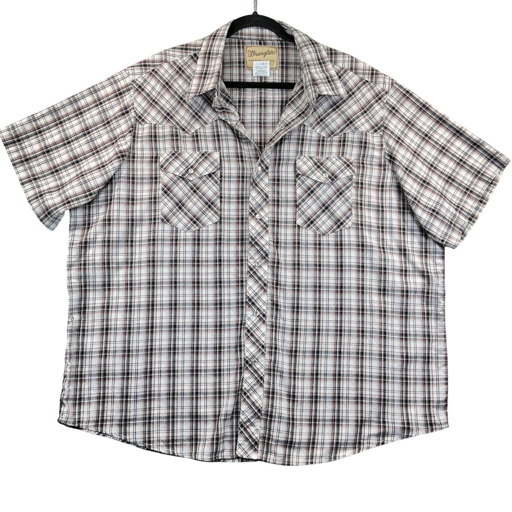 Wrangler Western Snap Shirt Mens 2XL Brown Plaid Short Sleeve Pearl Snap Yoke‎